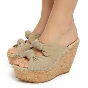 Jimmy Choo Priory Suede Twist Knot Slide Platform Wedge Sandals Beige